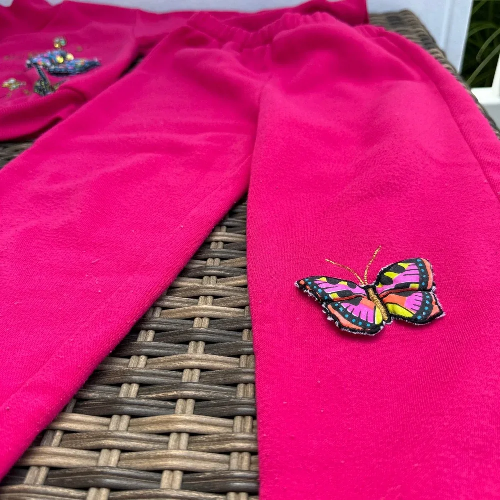 Vintage 90s ZING Girls Size 4 Pink 3D Butterfly Fleece Sweatsuit 2 Pc Set